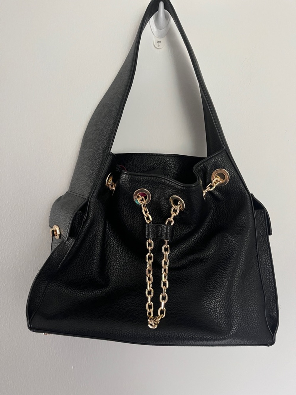 ON 34TH Black Pebbled Leather Shoulder Bag with Gold Chain Accent